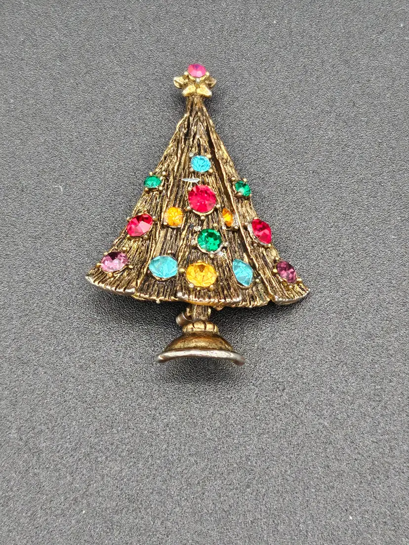 Vintage Hollycraft Signed Christmas Gold Brooch Pin Rhinestones MCM Mid-Century