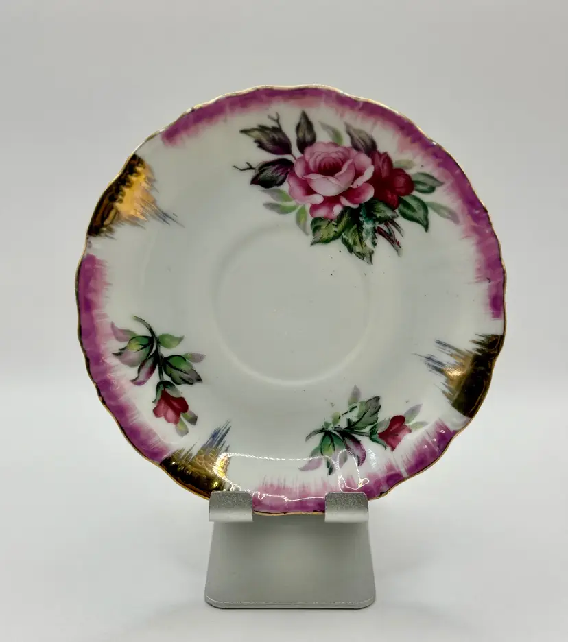 Vintage Floral Porcelain Saucer Trinket Dish Gilded Edge, Hand Painted Pink & Purple Flowers, Collectible Display, By Nippon Yoko Boeki Company, Made In Japan