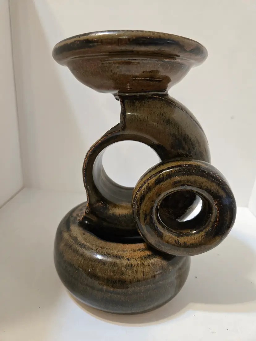 Vintage Studio Pottery Candlestick Holder | Sculptural Dark Glazed Ceramic | Signed