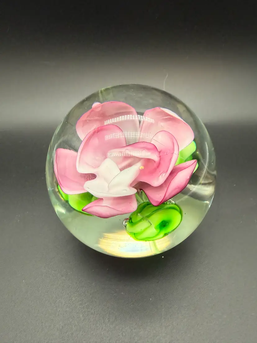Art Glass Pink Flower Paperweight