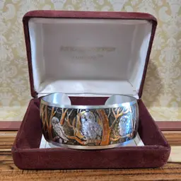 Vintage Owl Reed & Barton DAMASCENE Cuff BRACELET; Owls Forest Trees Full Moon
