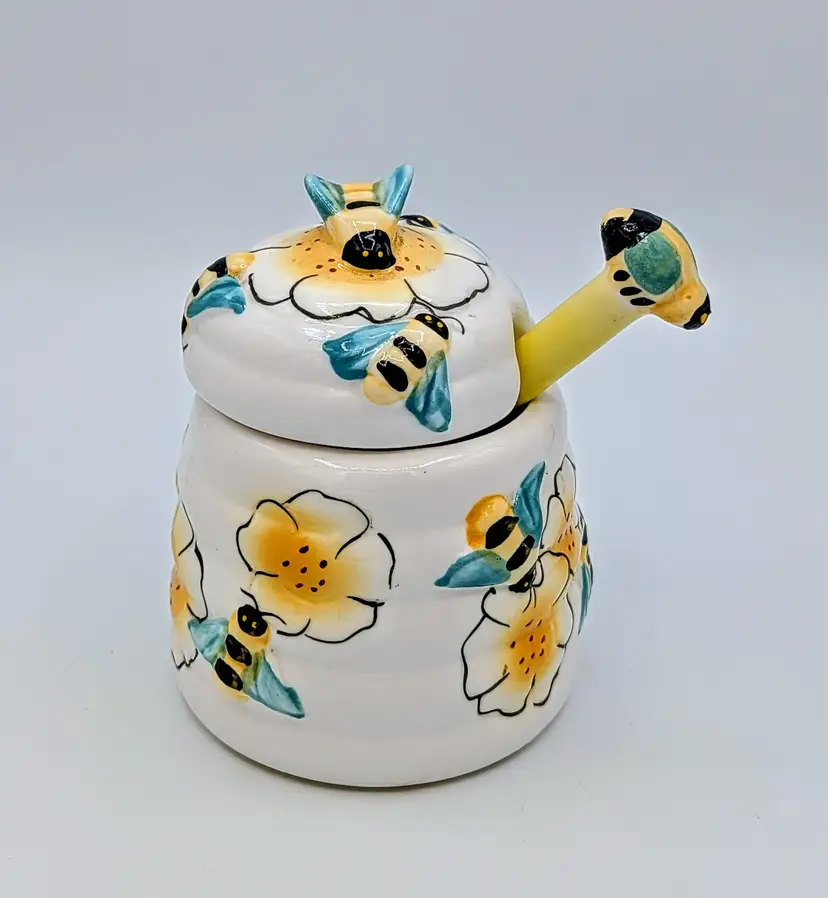 Vintage Ceramic Bee Honey Pot Jar w Dipper Floral Bumble Bee 4.5” Canister