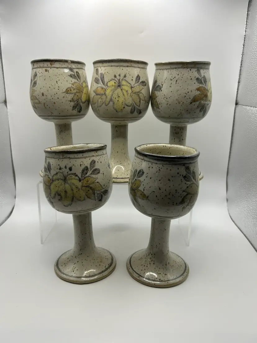 Stoneware Hand Painted Mexican Pottery Goblets - Set Of 6 - VTG
