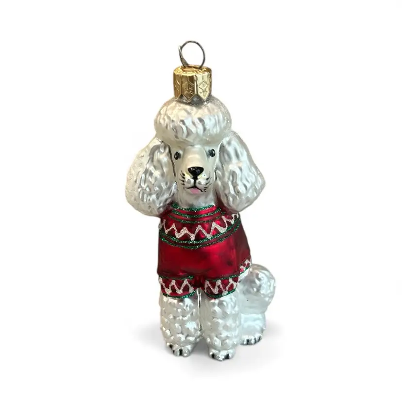 Handblown Glass White Poodle With Christmas Sweater Hanging Ornament