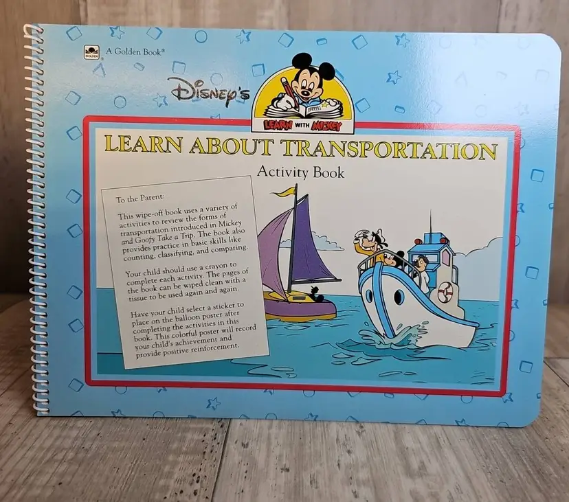 Disney 1990 Learn With Mickey Learn About Transportation — Wipe-Clean Activity Book, Spiral, Golden