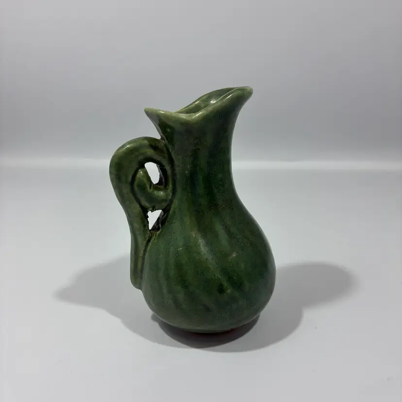 Vintage Antique? Miniature Ceramic Pitcher Ewer Bud Vase Matte Avocado Green Unmarked