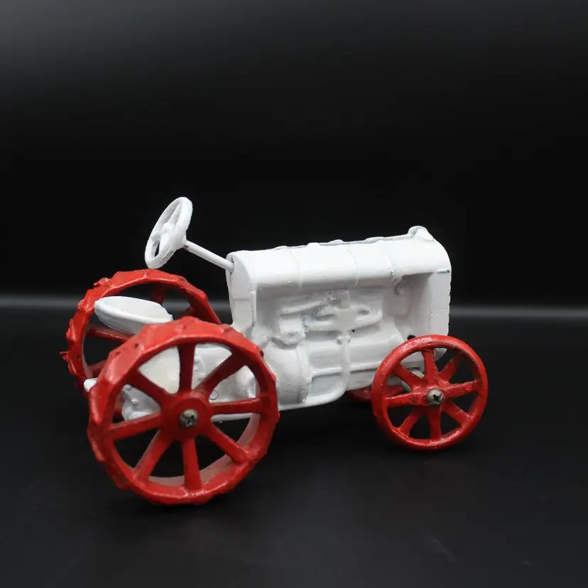 Vintage Collectible Die Cast Metal Iron Toy Tractor White with Red Wheels