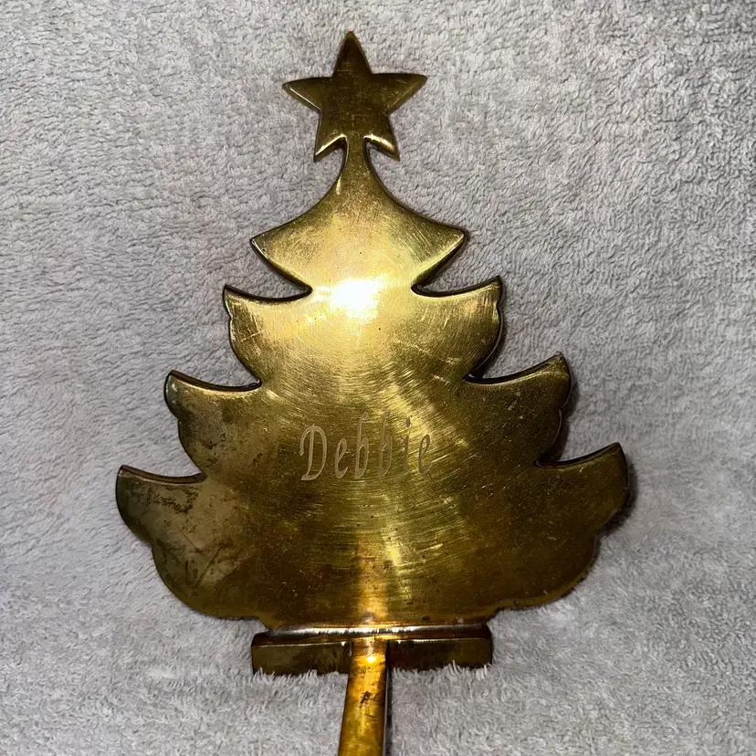 Vintage Solid Brass Christmas Tree Silhouette Christmas Stocking Hanger Flat Etched “Debbie”