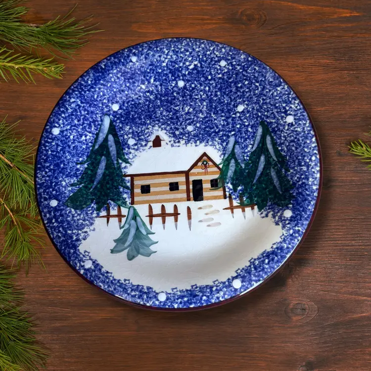 Vintage Holly Holiday Mountain Lodge 8" Salad Plate Holiday Winter Scene Living Quarters CRAZING