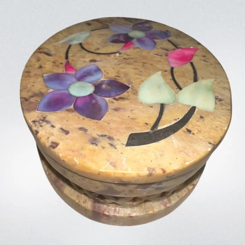 Soapstone Trinket Box With Inlaid Flowers