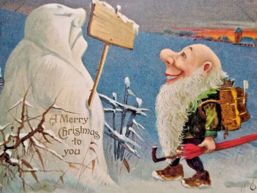 Christmas Postcard Snowman With Sign Gnome Fantasy Dwarf Tucks 1906 Series 8360