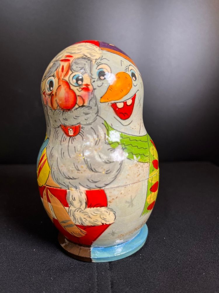 Unique Holiday Nesting Dolls-Features Comical Santa & Snowmen-5 Dolls, Smallest Doll is a Fully Painted White Rabbit! Beautifully Crafted & Hand Painted!- Lot 60
