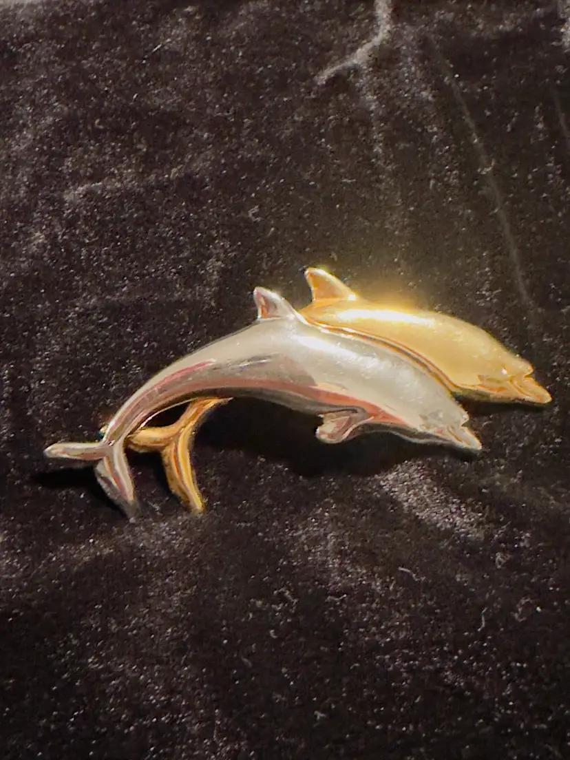 #14 Liz Claiborne, Gold And Silver Tone, Double Dolphins Brooch, Pin 2.75”