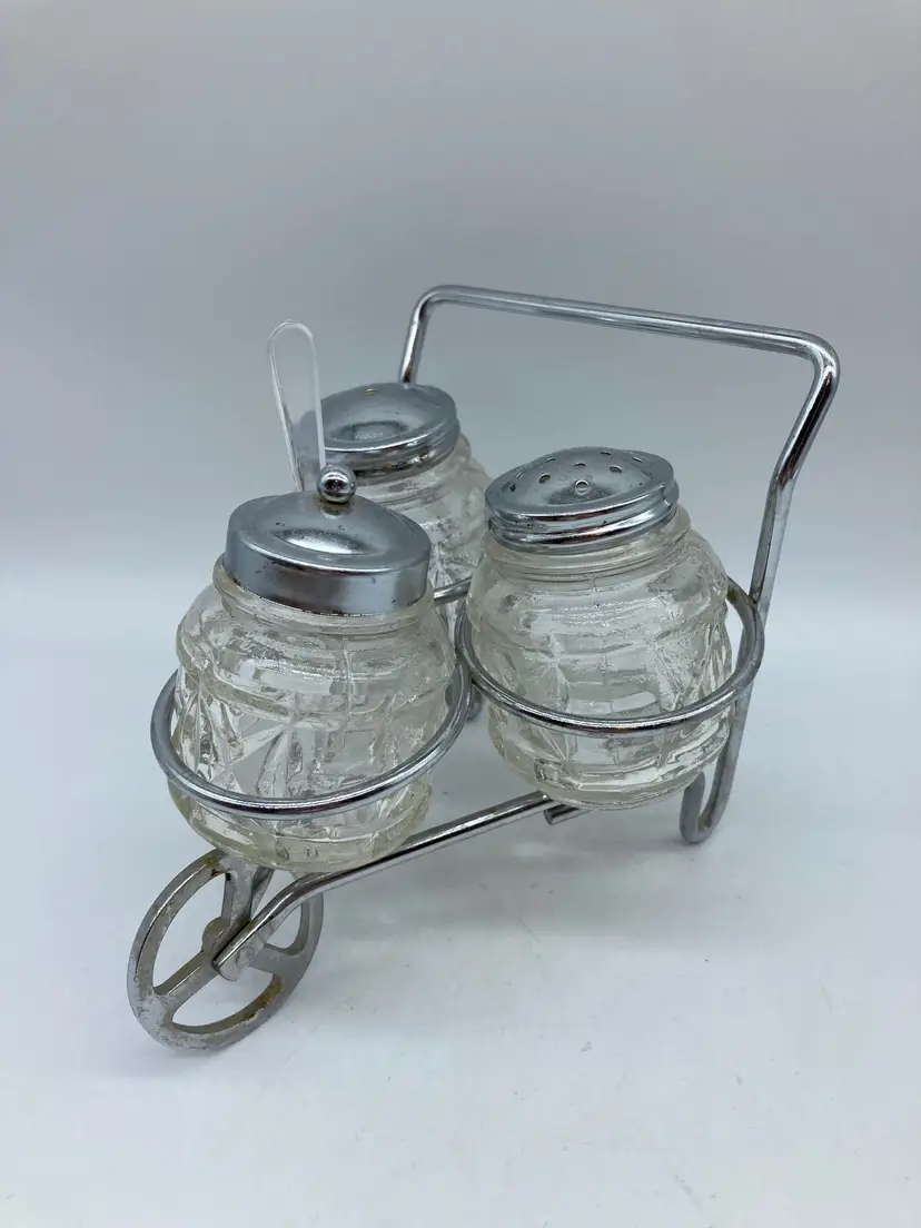 Vtg Glass Salt Pepper Holder Sugar Holder Spoon Table Set In Metal Wheelbarrow