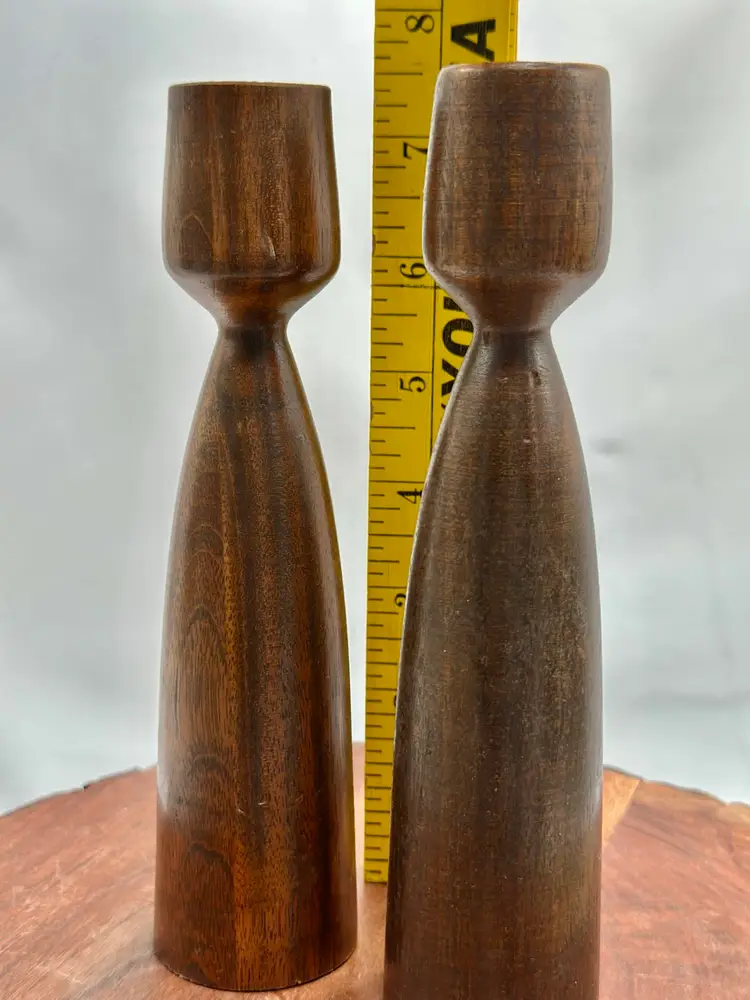 Vintage MCM Tulip Danish Design 2 Turned Teak Wood Candlestick Holder