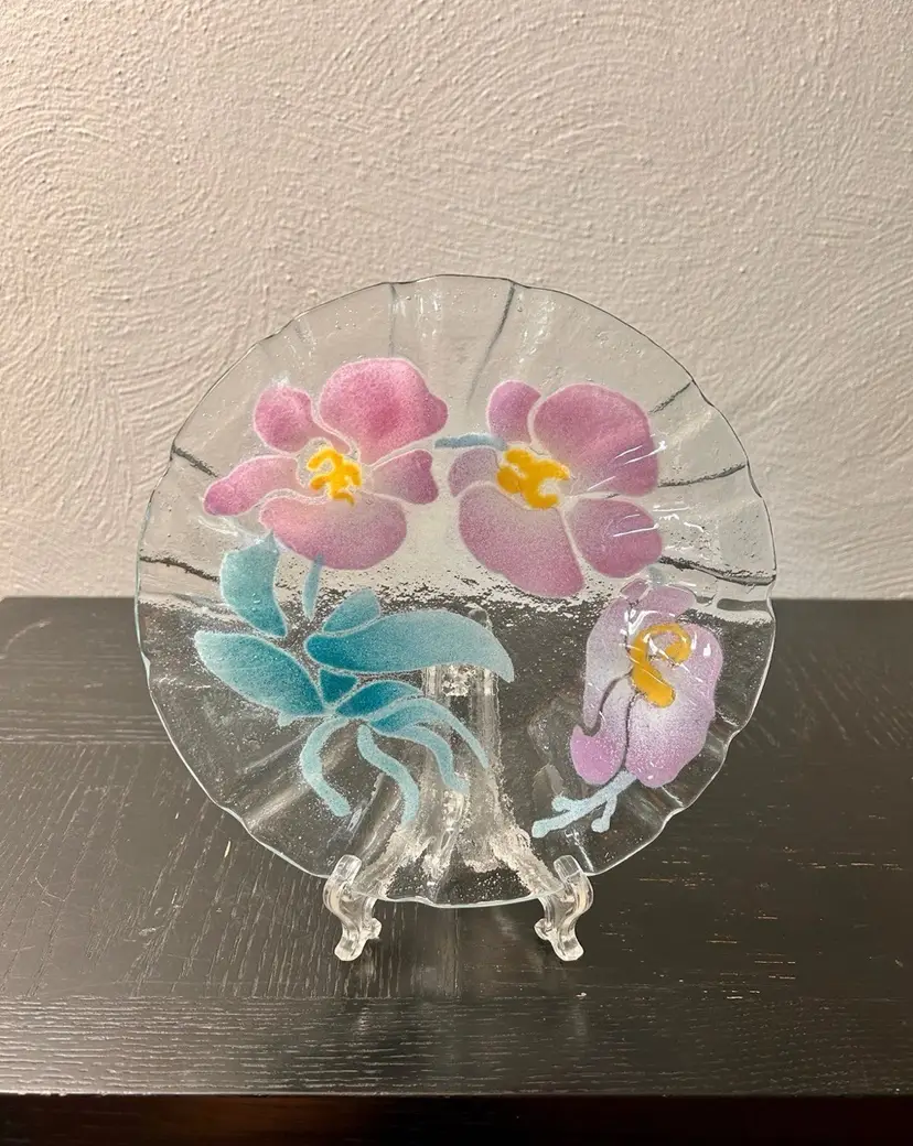 Vtg SYDENSTRICKER Plate Fused Art Glass Pink Orchid Flowers Serving Plate 8.5”