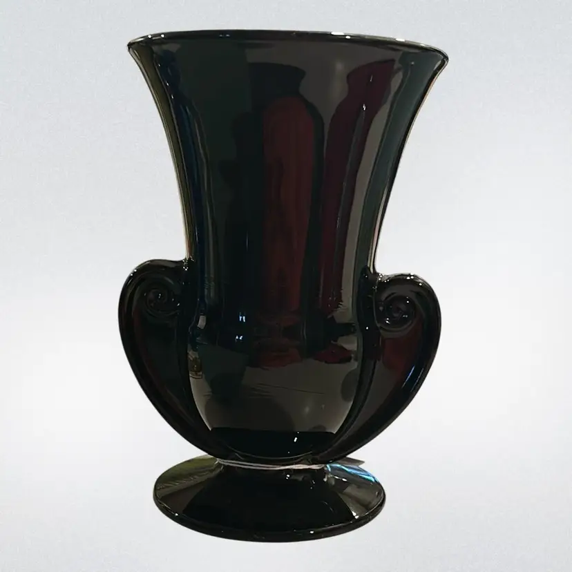 Vintage Fostoria George Sakier Ebony glass Urn vase with scroll handles