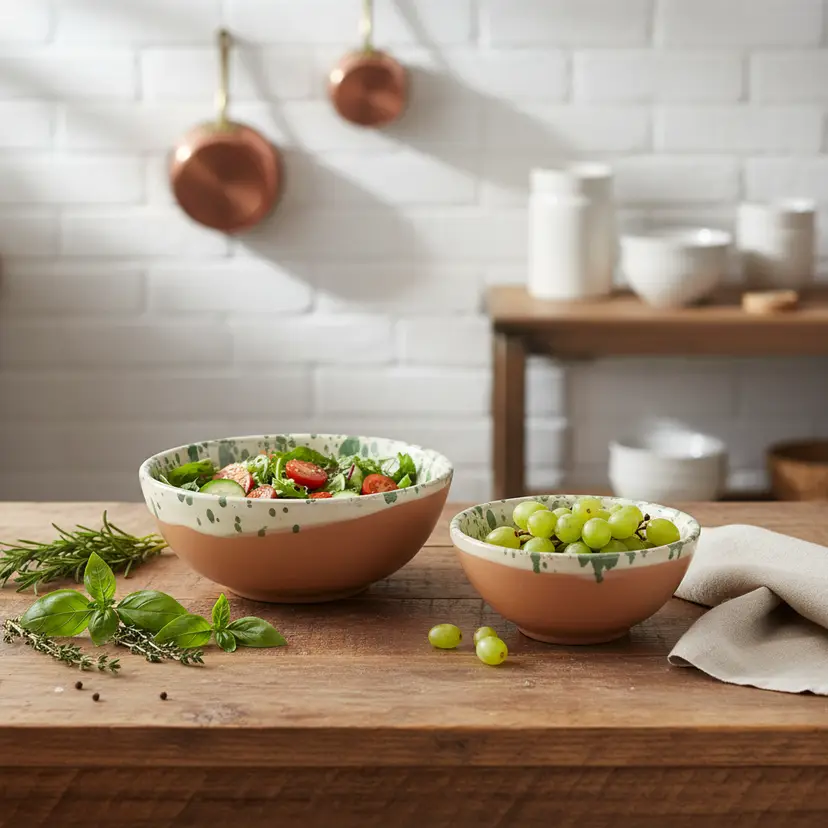 2 Il Buco Vita Montegranaro Green Splatterware Spice Bowls, 4" & 3.25" Diameter