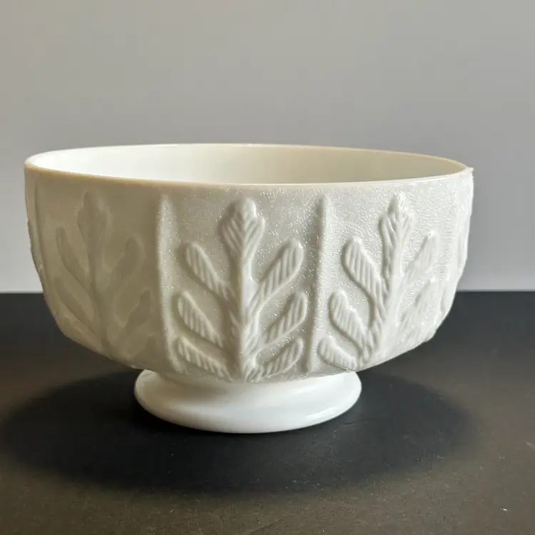 #954 Vintage Oval Bowl,  FTD 1975 Milk Glass Compote Pedestal Candy Dish with Oak Leaf Design