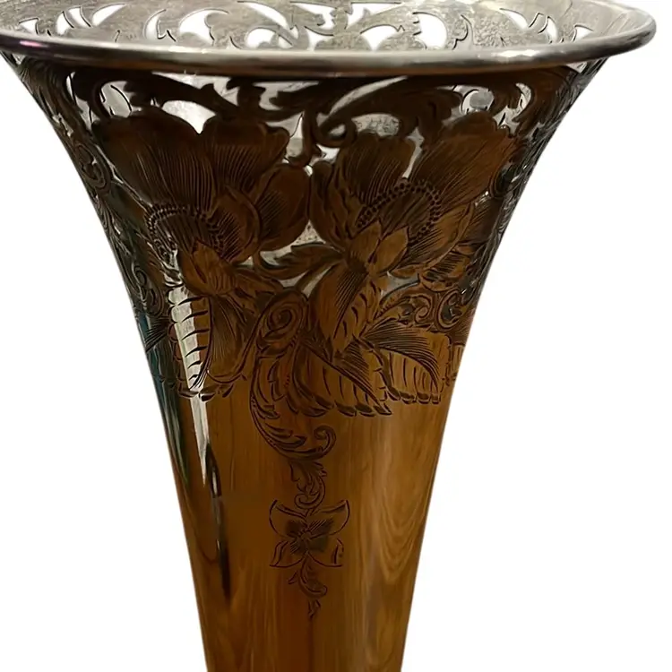 Wright Kay And Co Sterling Trumpet Vase 14”  With Floral Etching And Cut Outs And R Engraved.