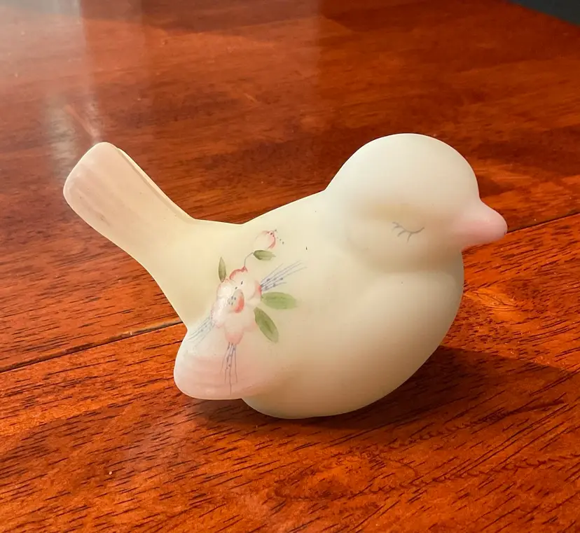 Fenton Satin Burmese Bird Figurine Hand Painted Briar Rose Flower Signed