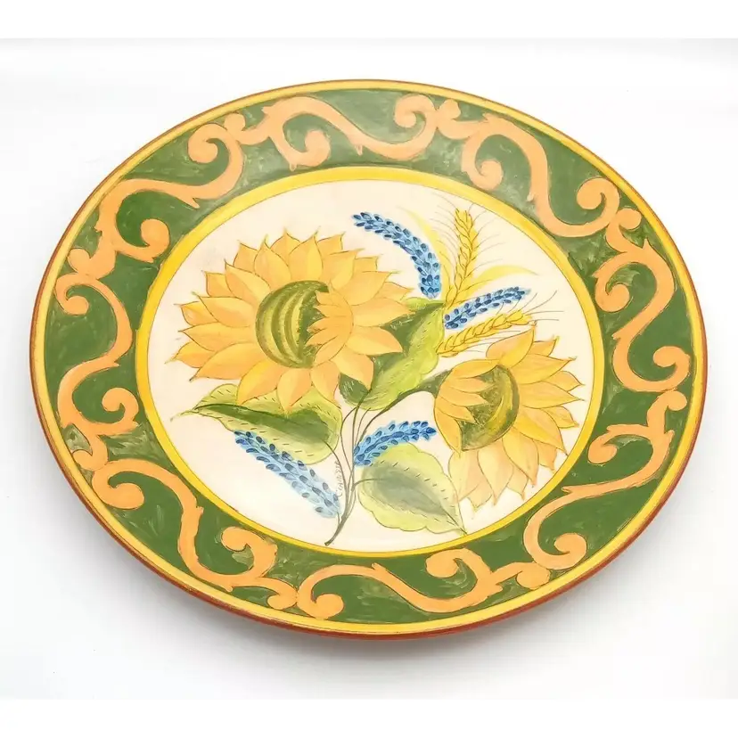 #098 - Large Redware Hand-Painted Sunflower Platter L. Pedro do Corval Portugal Signed Clarisse