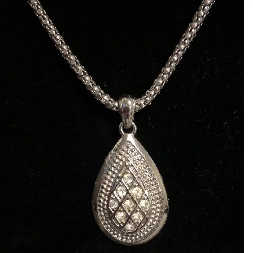 Silver-Tone Jeweled Tear Drop Pendant Necklace