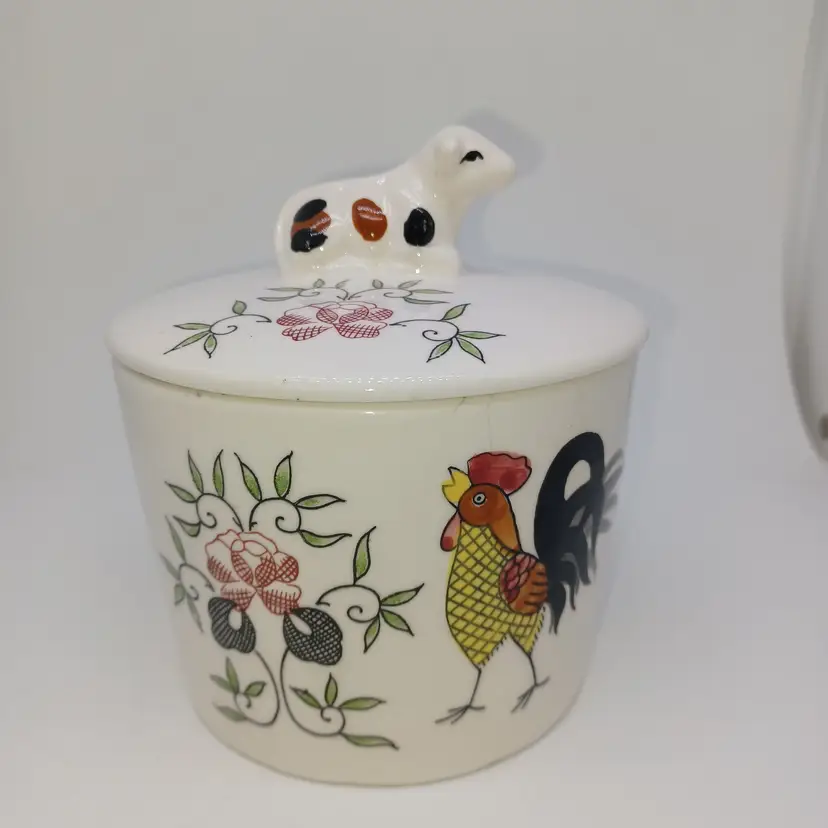 Vintage Made in Japan Cow Handle Rooster Butter Tub Jar Porcelain Hand Painted