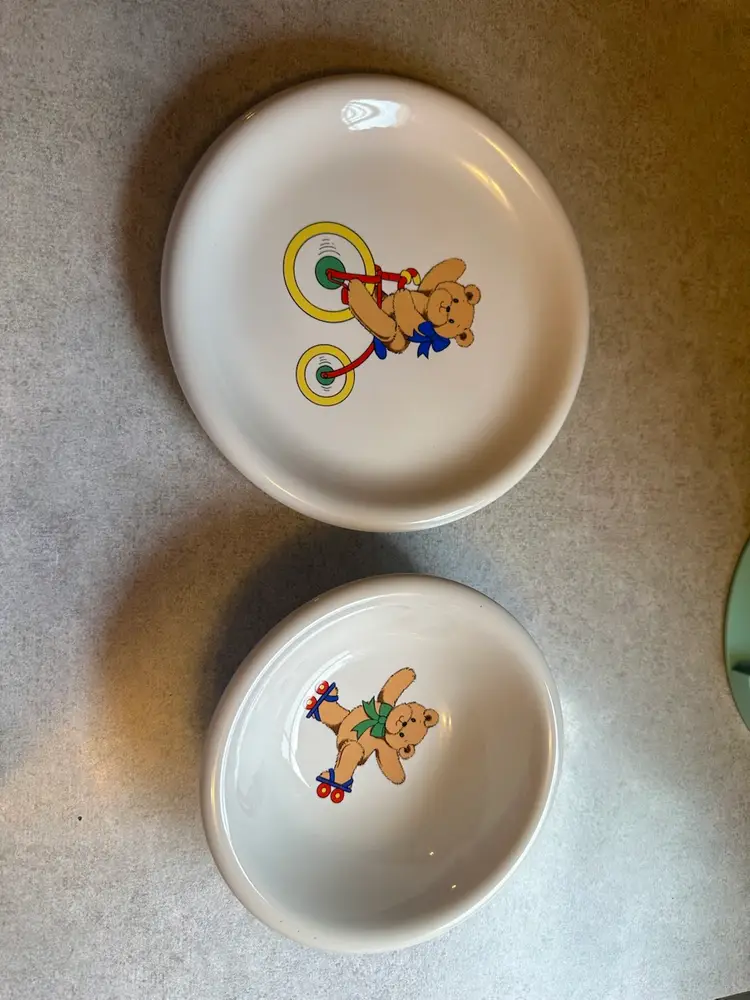 Ceramic children's dinnerware set with teddy bear designs by Lillian
Vernon.