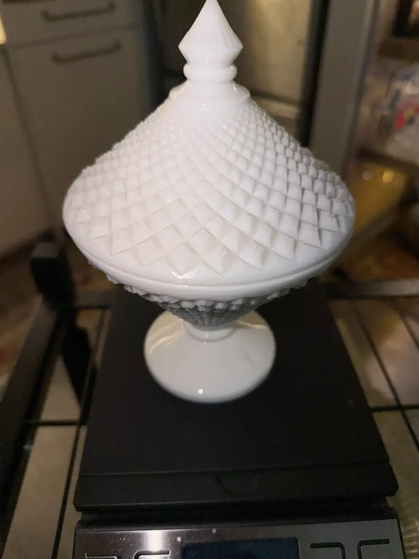 Vintage Westmoreland White Milk Glass Diamond Point Lidded Pedestal Trinket Candy Dish Compote