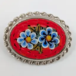 Red & Blue Floral Micro Mosaic Brooch