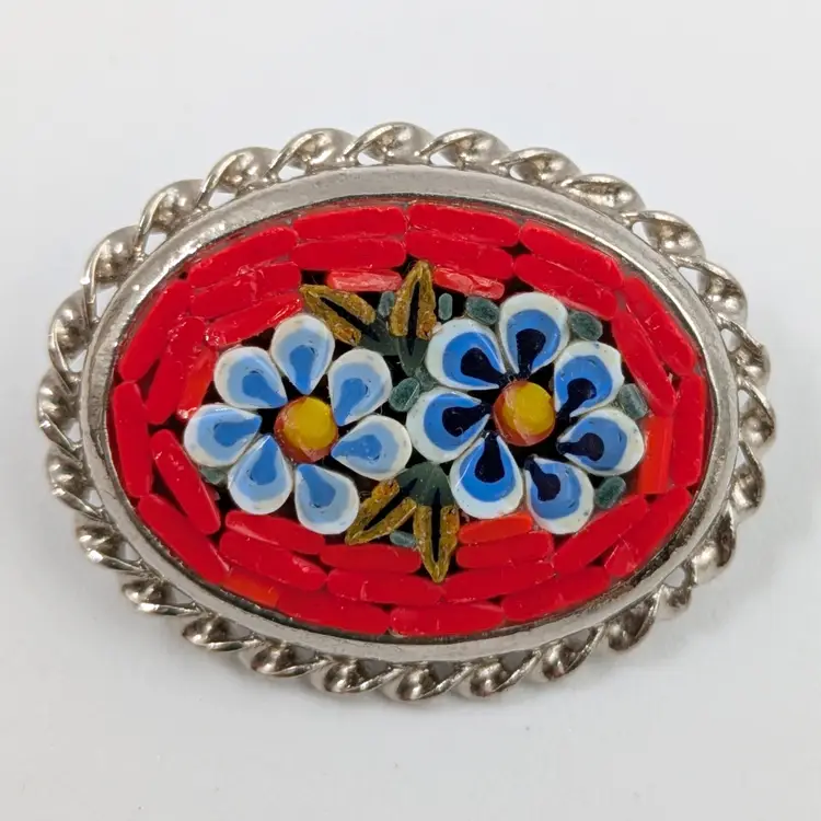 Red & Blue Floral Micro Mosaic Brooch