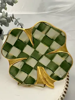 36. MacKenzie-Childs Courtly Check Green clover Trinket Dish With Gold Trim