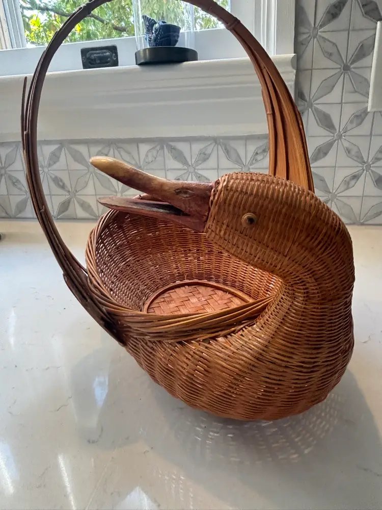 Vintage Rattan Goose Basket With Wings