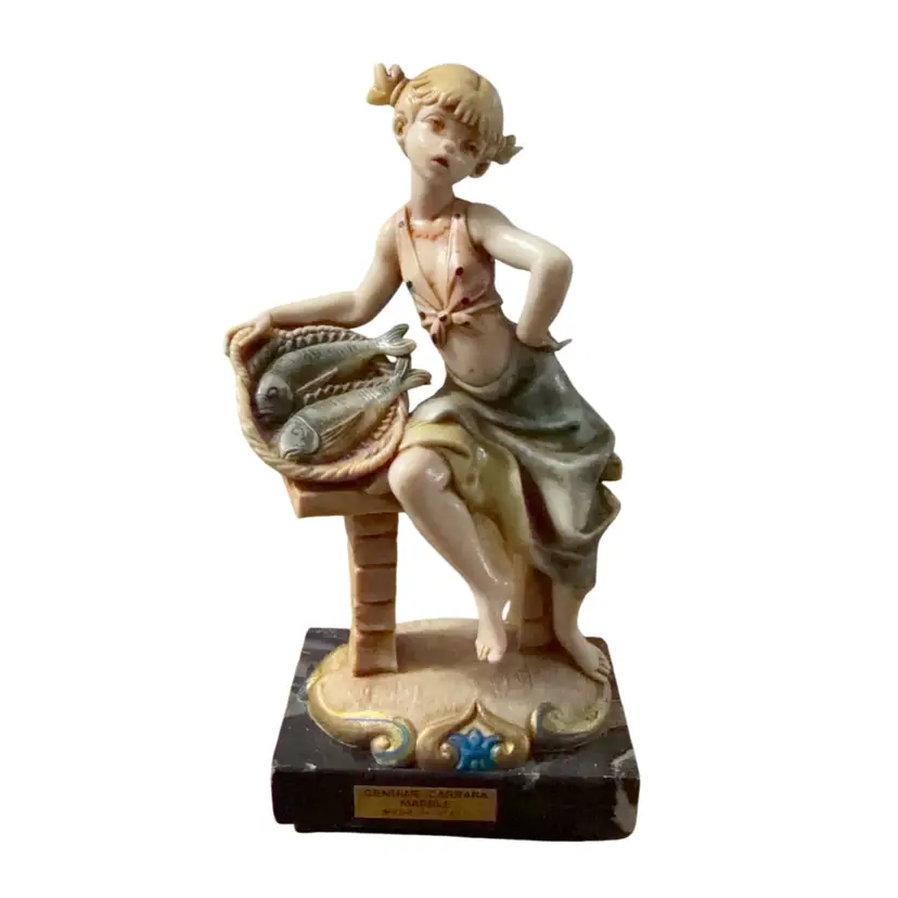 Vintage Fontanini Fisher Girl Figurine Signed Simonetti, Carrara Marble Base