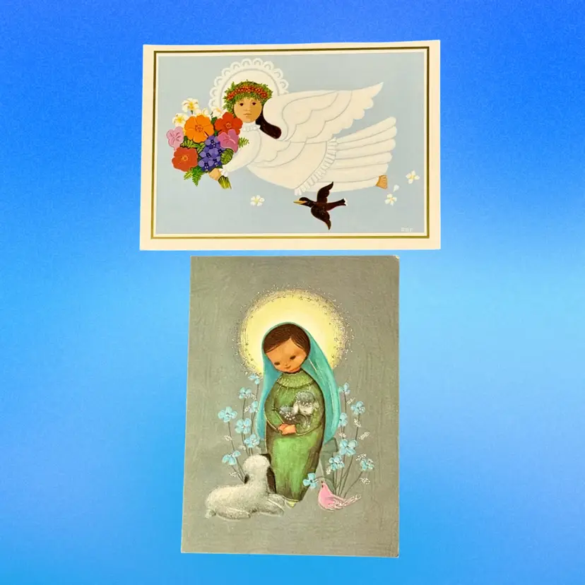 Lot/2 Vintage Scandinavian Vibe Christmas Greeting Cards, Used