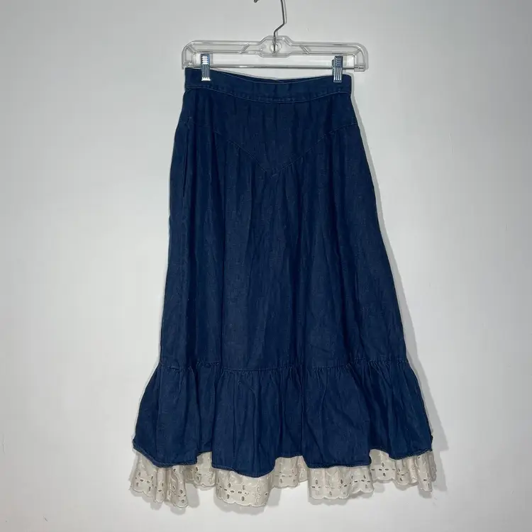 Vintage 70s Jessica’s Gunnies (Gunne Sax/Jessica McClintock) Denim Midi Prairie Skirt with Eyelet Trim - Size 11