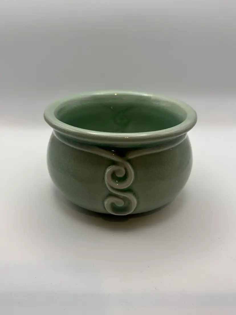 Chinese Celadon Porcelain Jardinière Planter With A Scroll Design and a Crackle Glaze Finish 5” Diameter, 3.5” Deep