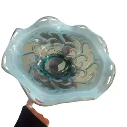 #01 - Antique Jefferson Glass Early 1900s Blue Opalescent Glass Coral Dome Footed Bowl - 8" Ruffled