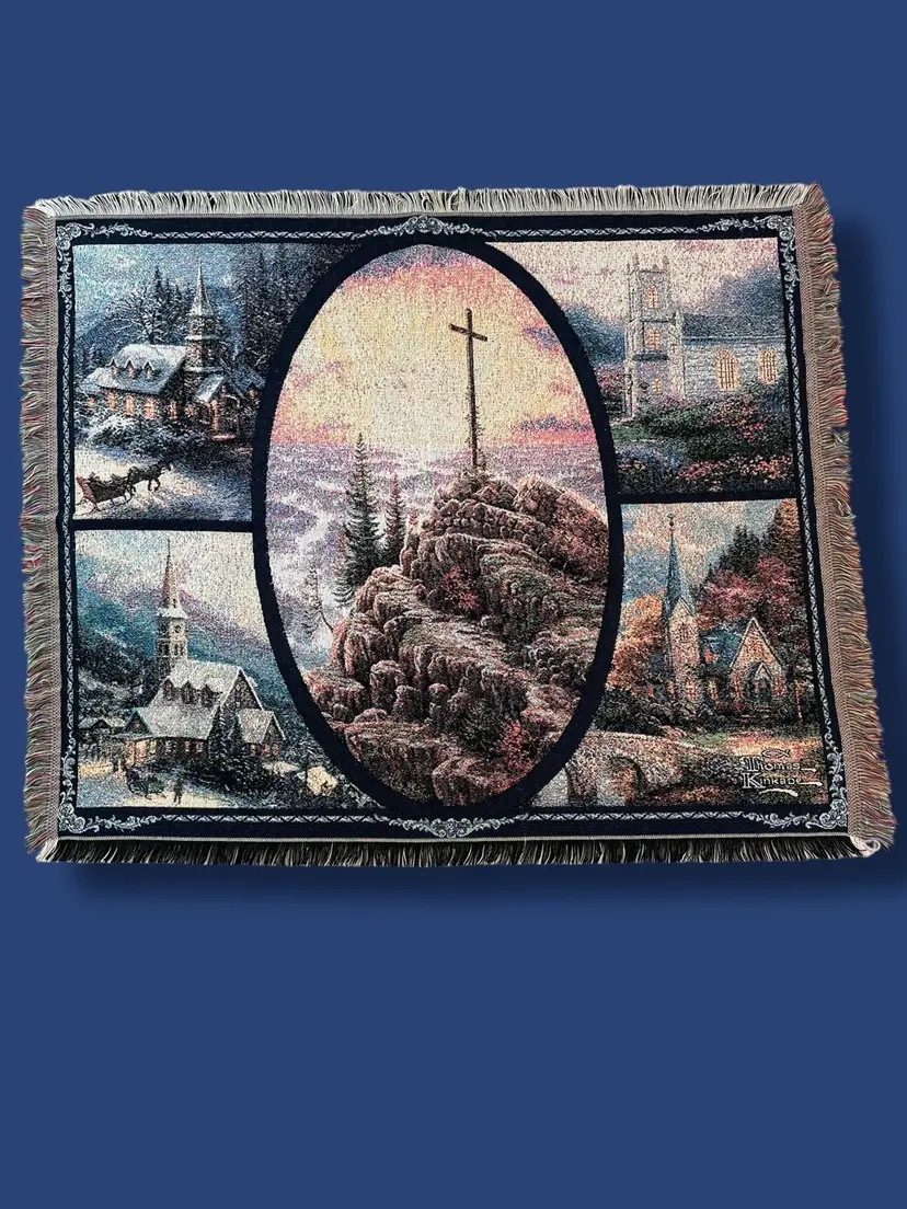 Thomas Kinkade Chapel Throw Blanket Churches Sunrise Fringed Tapestry 48x60 VTG (eb)