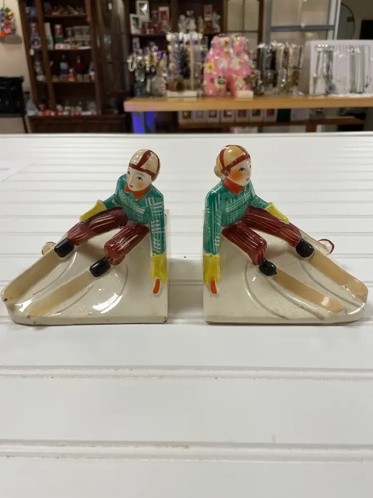 Vintage Set of Two Skiing People Bookends