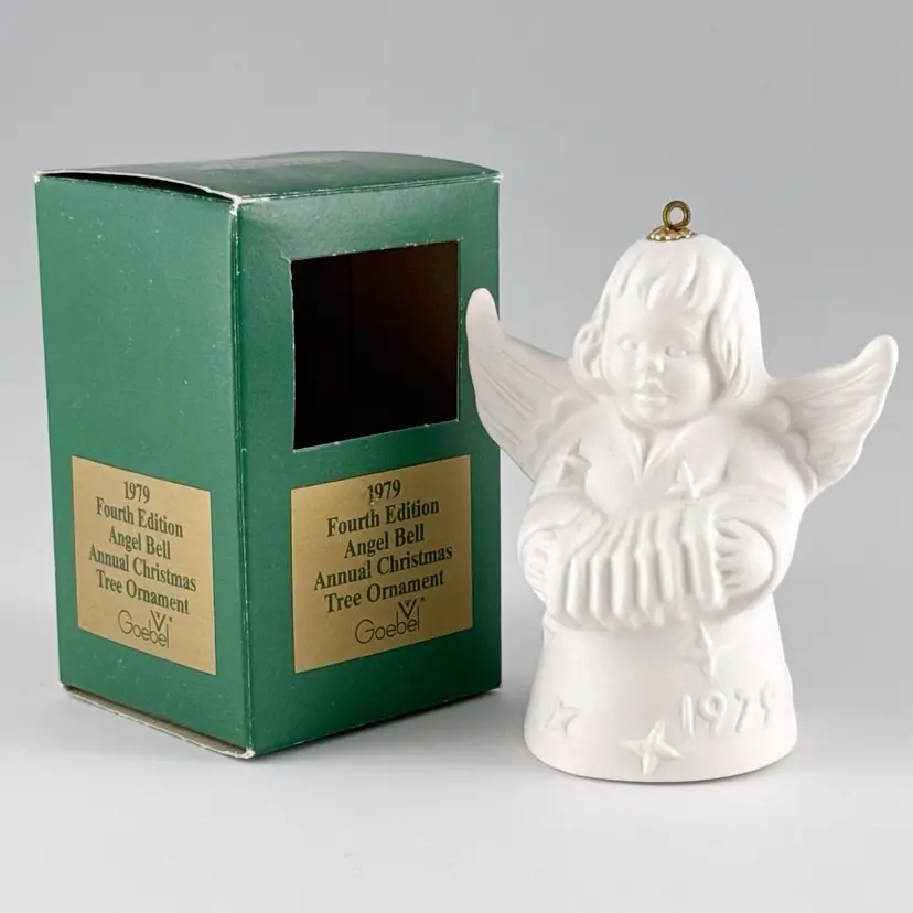 Goebel 1979 Angel Bell Accordion Player Christmas Ornament, White Bisque Porcelain, Vintage Made in Germany