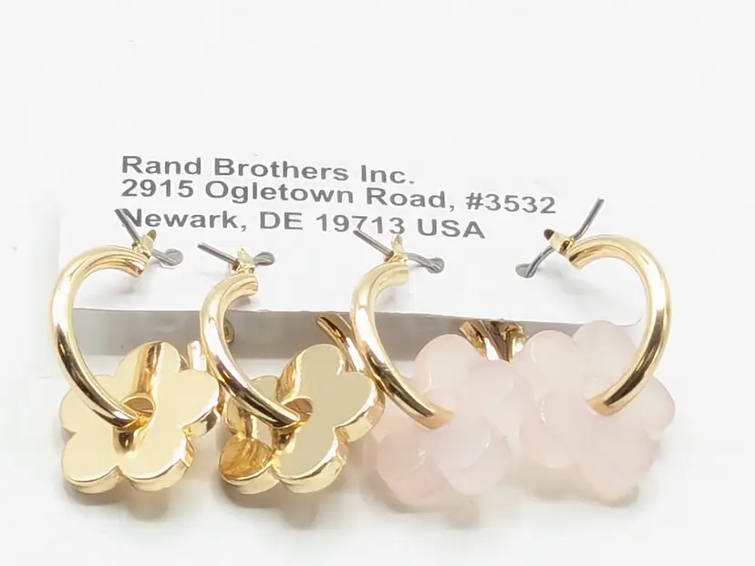 Rand Brothers Hoop Flower Earrings Pink and Gold Tone 2 Pair NOS