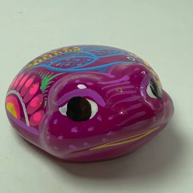 Colorful Hand Painted Mexican Art Pottery Frog It GLOWS Red Clay Folk Art