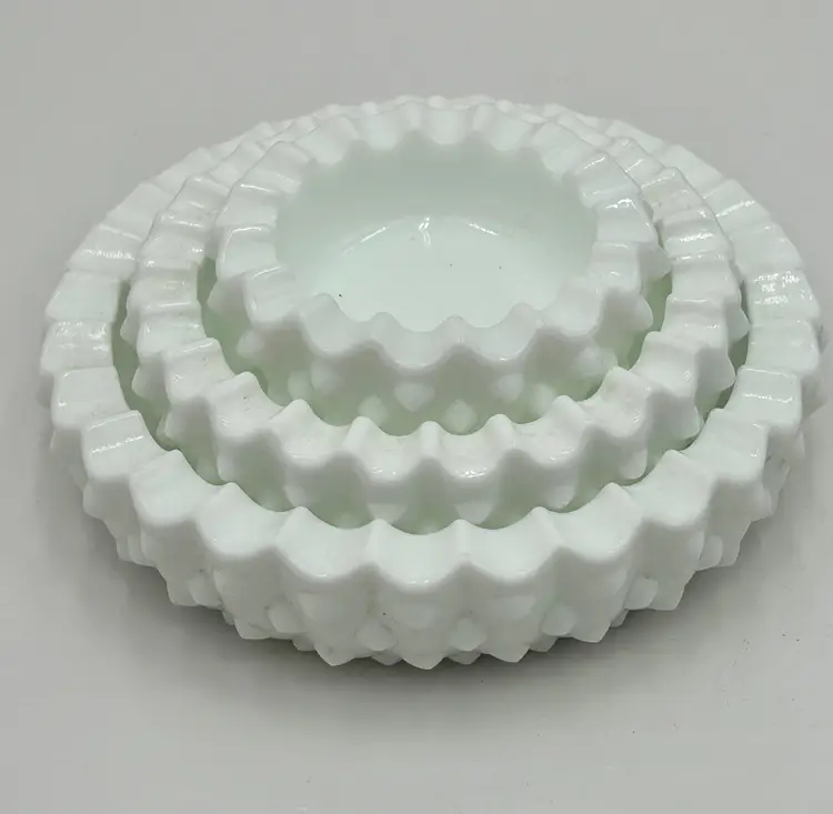 Fenton White Milk Glass Square Hobnail Stacking Vintage Ashtray Set