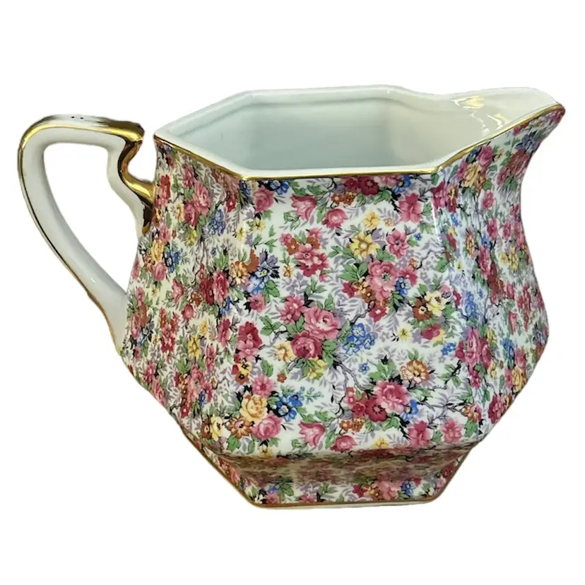 Large Two's Company Pink Floral Pitcher with Gold Trim