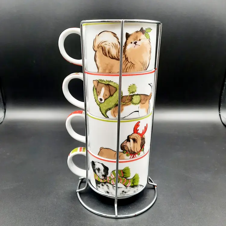 Pier 1 Stacking Mugs Christmas Dogs Set of 4 With Metal Holder Stand