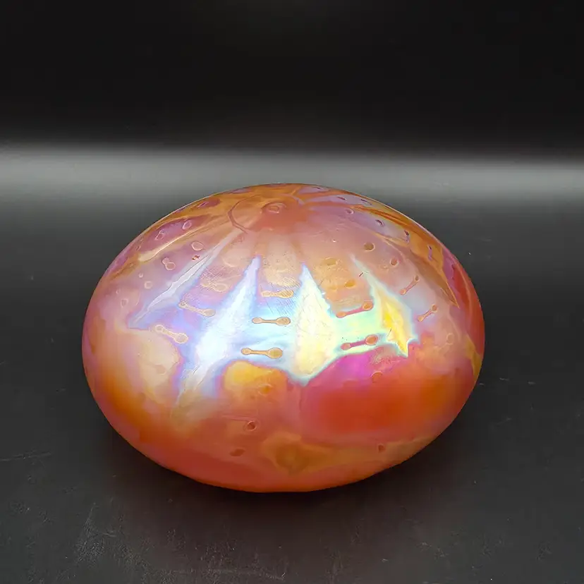 Levay Iridescent Peach Studio Art Glass Paperweight Handblown Signed