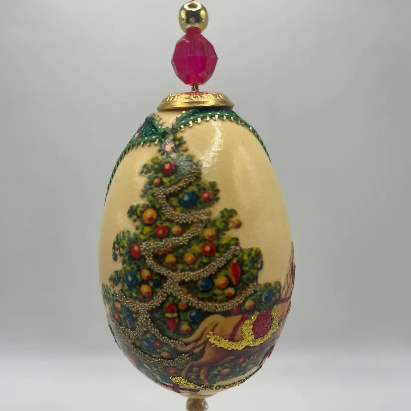Vintage Handcrafted Ornament Christmas Tree Green Embellishments Large Egg