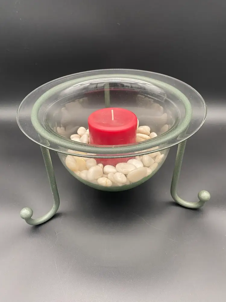 PartyLite Table Top Seville Wrought Iron Stand w Glass Bell Bowl, Candle & Rocks